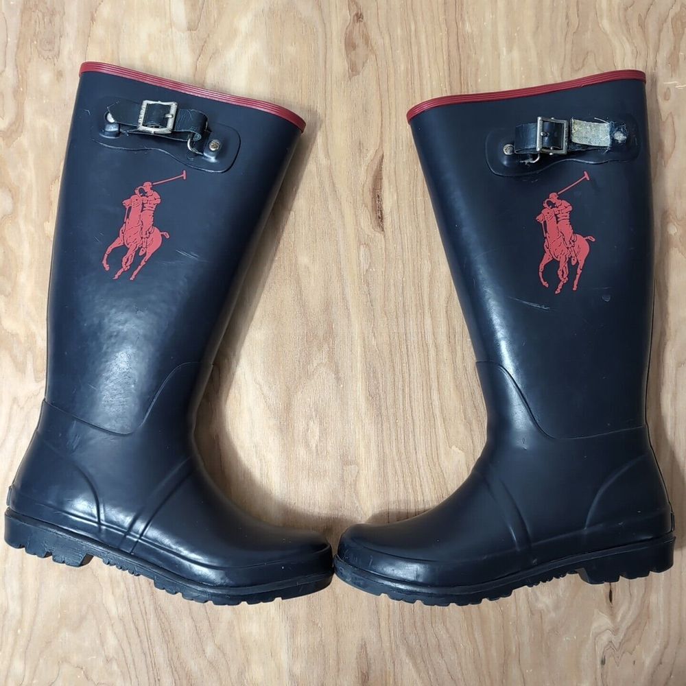 Polo Ralph Lauren Rubber‎ Rain Boot Navy Blue Red Pony Boys 4.5